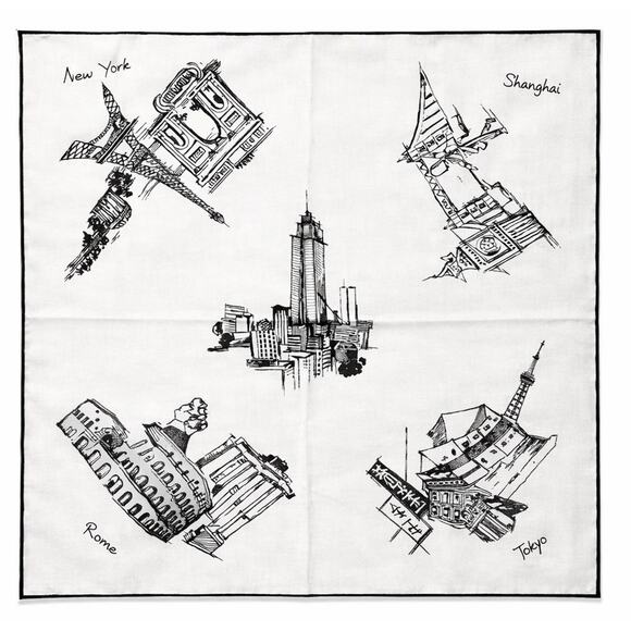 ECHO Accessories - Echo Silk Handkerchief Scarf City Sketch Print New York Rome Tokyo Shanghai Vtg